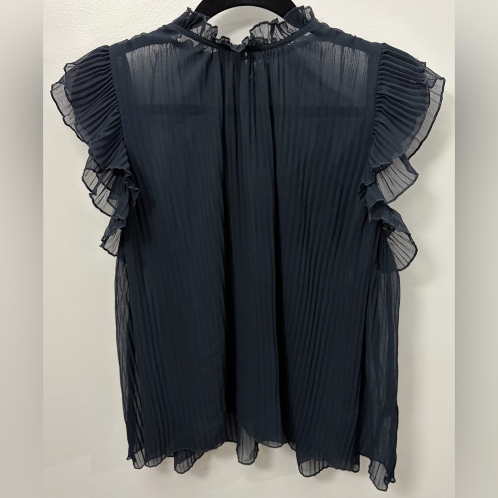 Anthropologie Navy Pleated Ruffle-Sleeve Sheer Blouse